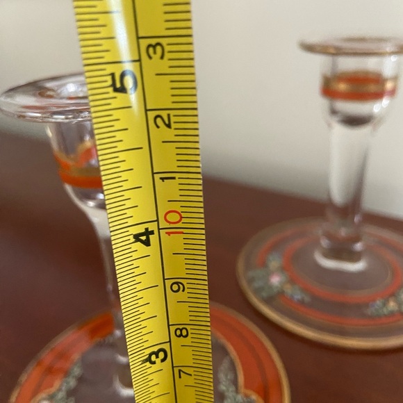 Vintage Set of 2 Candlesticks Clear w/ Hand painted Orange, Gold & Flowers - Picture 12 of 16